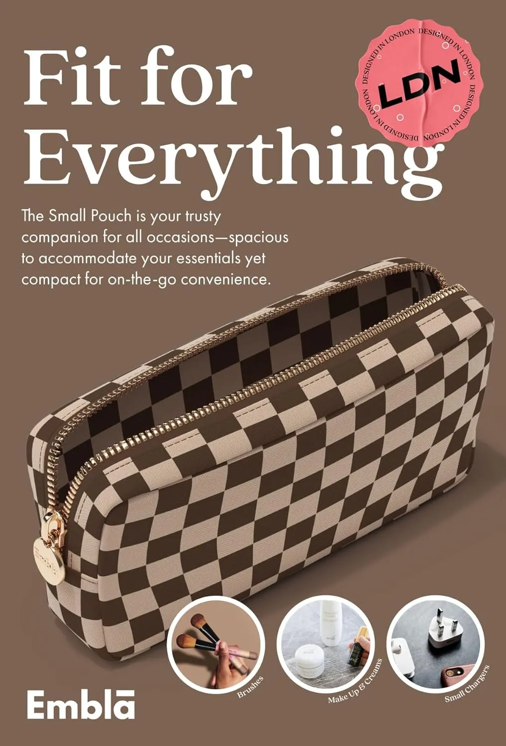 Makeup Bag Travel Cosmetics Pouch and Toiletry Bag, Nylon Zipper Pouch Purse, Cute Make Up Organizer Storage Tote for Women Girls, Travel Skincare Case, Small Makeup Case, Chocolate Sand Checkered