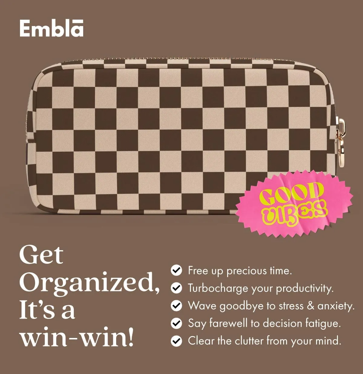 Makeup Bag Travel Cosmetics Pouch and Toiletry Bag, Nylon Zipper Pouch Purse, Cute Make Up Organizer Storage Tote for Women Girls, Travel Skincare Case, Small Makeup Case, Chocolate Sand Checkered