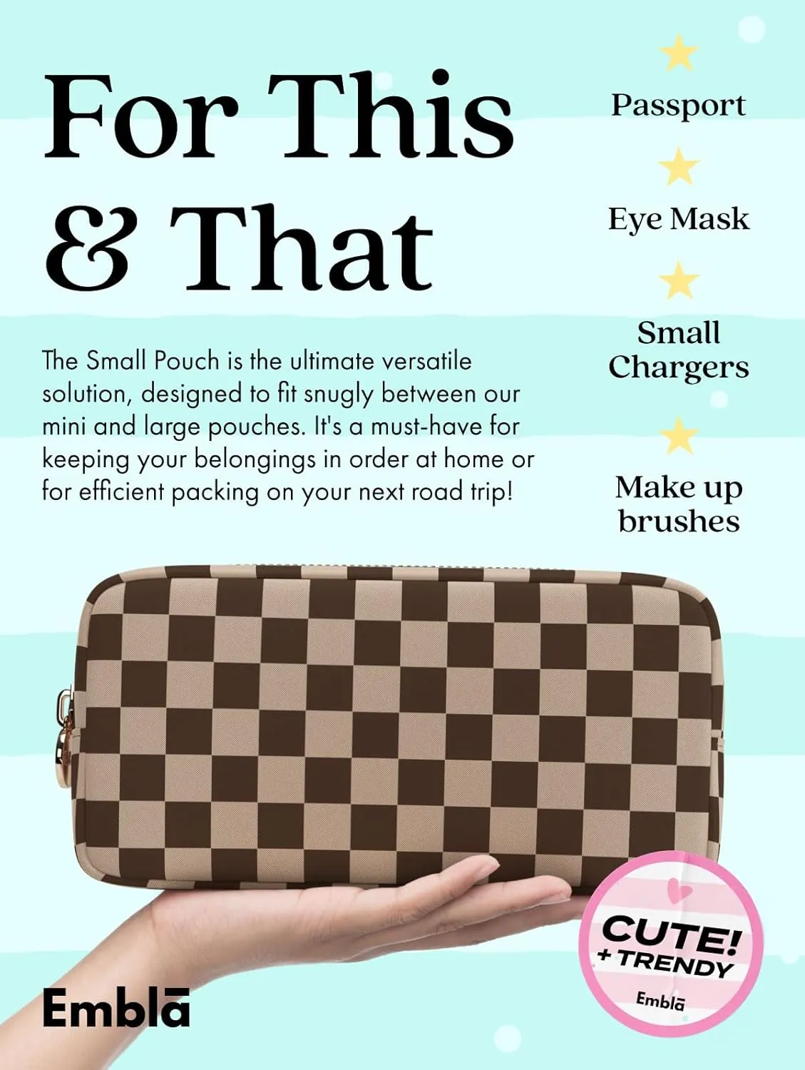 Makeup Bag Travel Cosmetics Pouch and Toiletry Bag, Nylon Zipper Pouch Purse, Cute Make Up Organizer Storage Tote for Women Girls, Travel Skincare Case, Small Makeup Case, Chocolate Sand Checkered