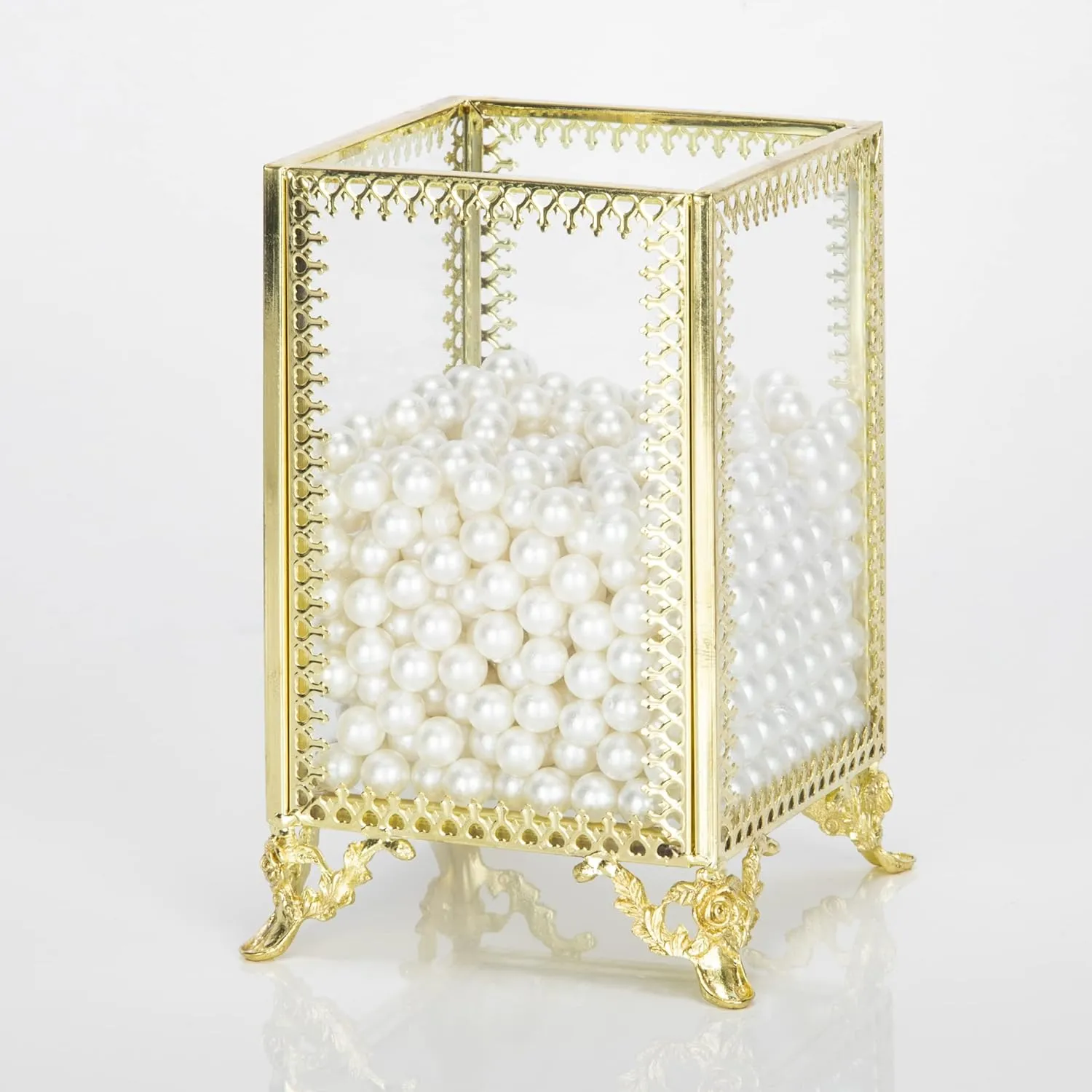 Makeup Brush Holder Vintage Glass Handmade Organizer with White Pearls for Nail Brush, Vanity, Bathroom, Dresser, Countertop - Gold