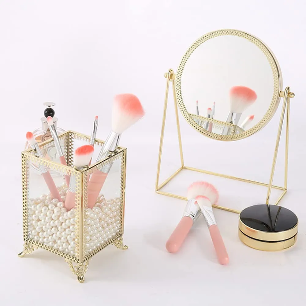 Makeup Brush Holder Vintage Glass Handmade Organizer with White Pearls for Nail Brush, Vanity, Bathroom, Dresser, Countertop - Gold