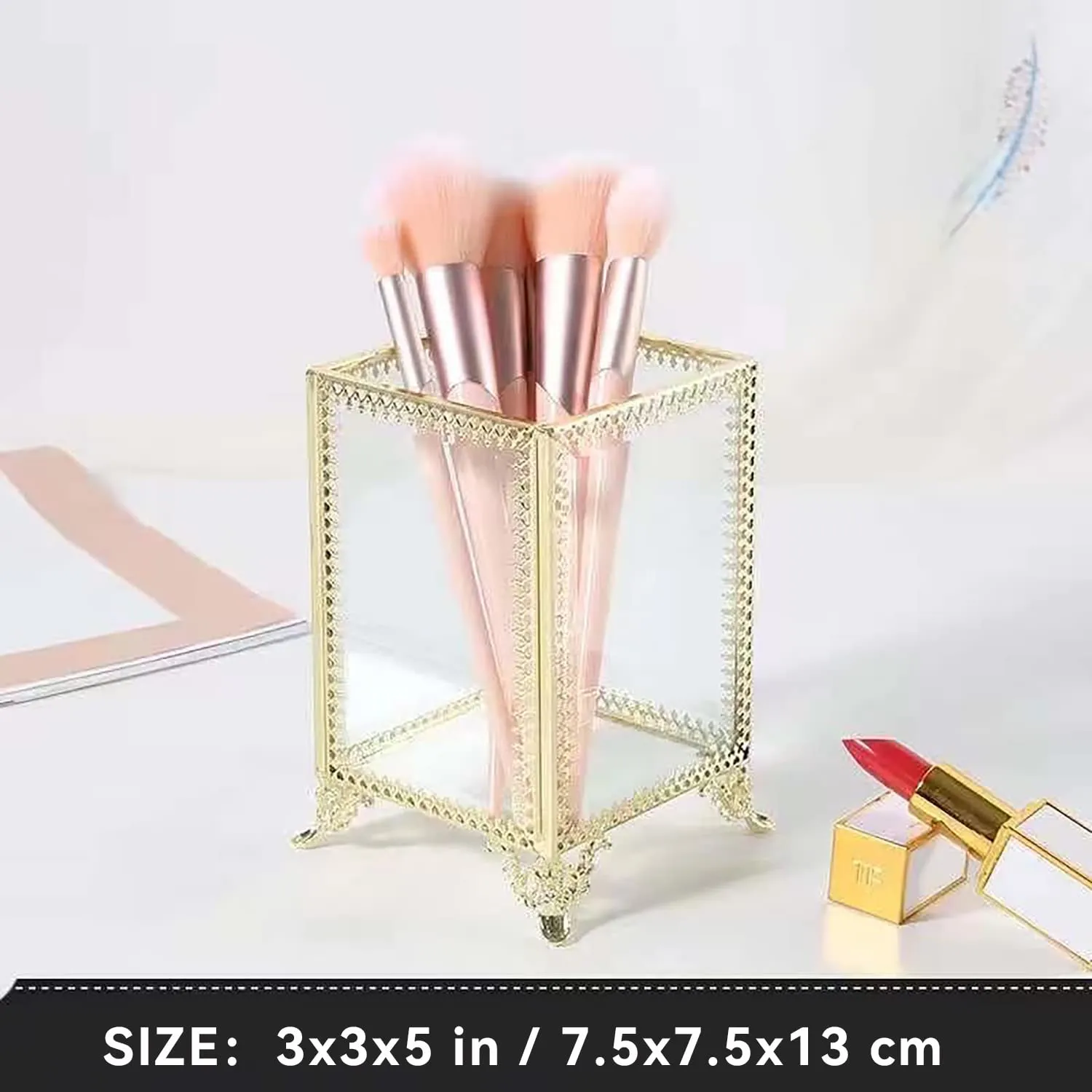 Makeup Brush Holder Vintage Glass Handmade Organizer with White Pearls for Nail Brush, Vanity, Bathroom, Dresser, Countertop - Gold
