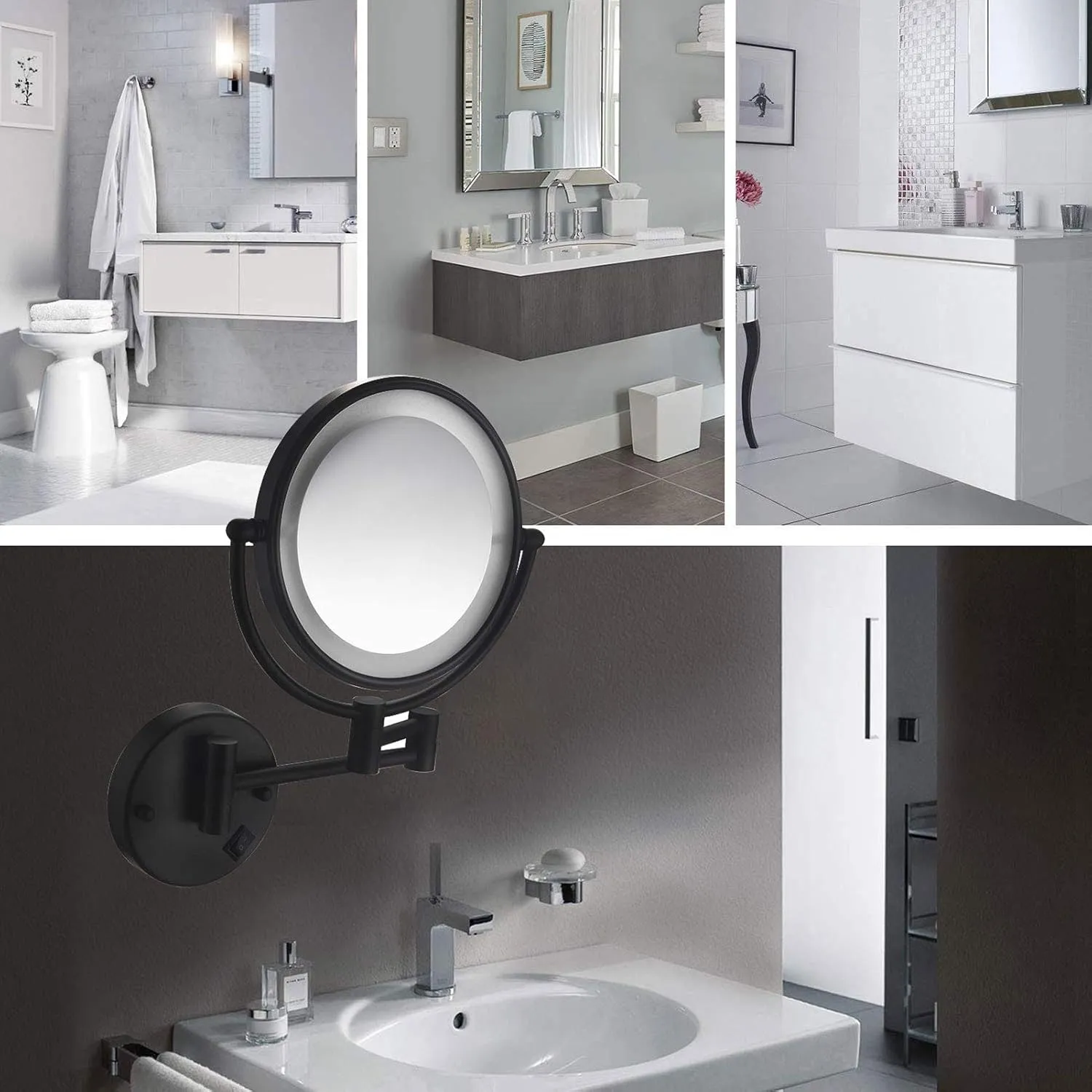 Makeup Mirror Wall Mount 10X Magnification Lighted, 8 Inch Double-Sided Swivel Wall Mounted Makeup Mirror Black Two Side 360 Swivel Cosmetic Face Extendable Vanity Mirror