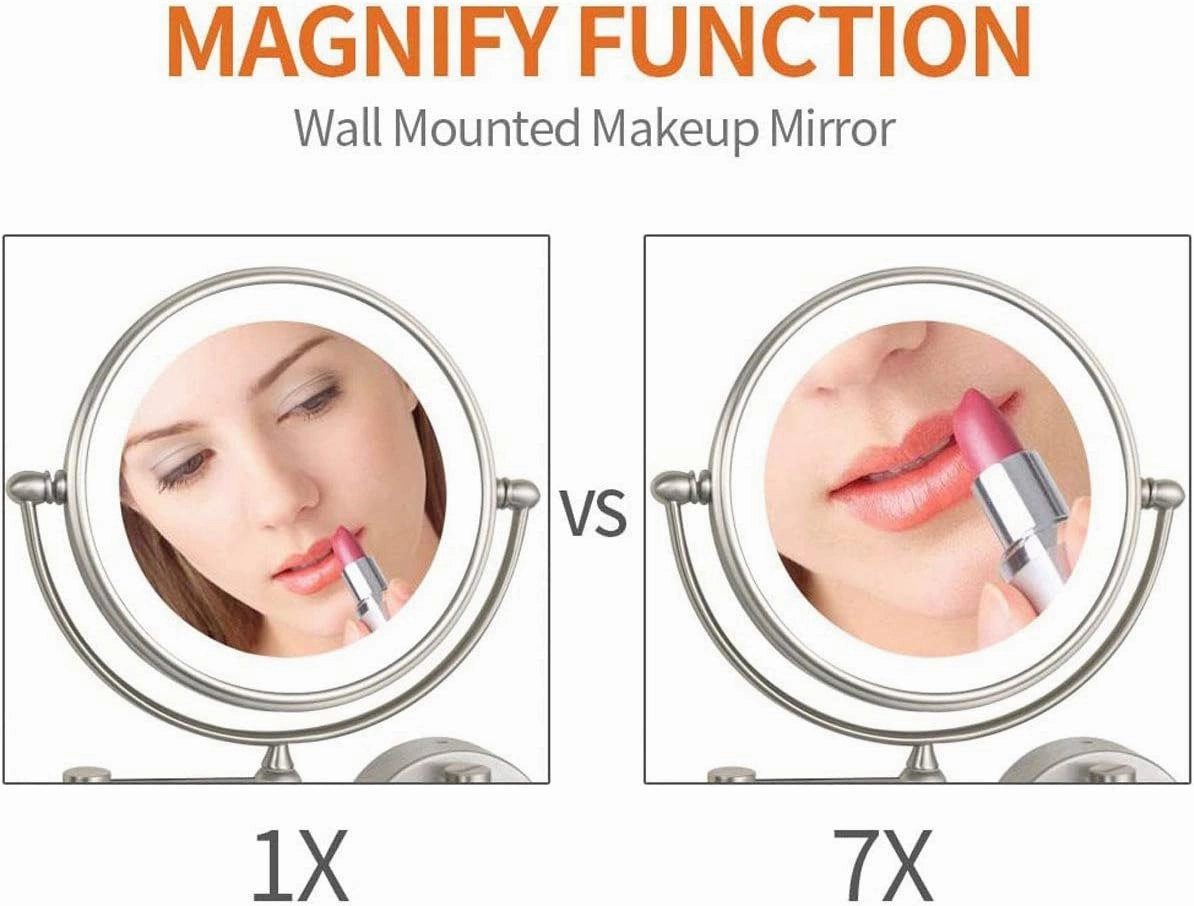 Makeup Mirror, Round Makeup Mirror, 360 Rotation, Ideal for Applying Make-Up, Weacontacts and Shaving, Plug Powered/Nickel/7*