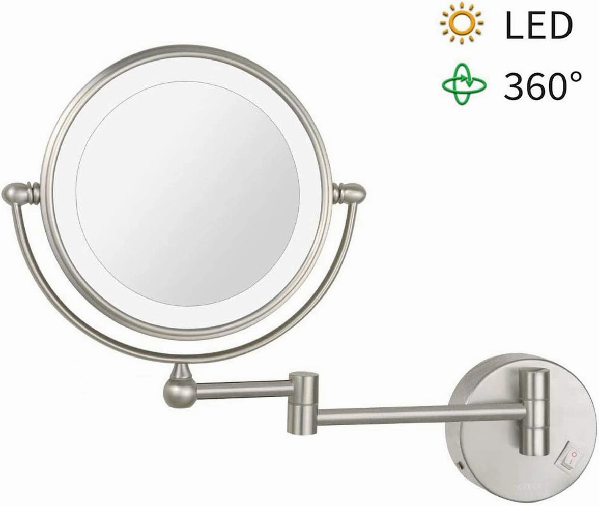 Makeup Mirror, Round Makeup Mirror, 360 Rotation, Ideal for Applying Make-Up, Weacontacts and Shaving, Plug Powered/Nickel/7*
