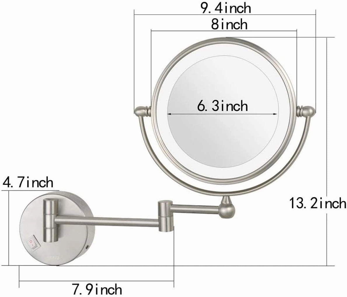 Makeup Mirror, Round Makeup Mirror, 360 Rotation, Ideal for Applying Make-Up, Weacontacts and Shaving, Plug Powered/Nickel/7*