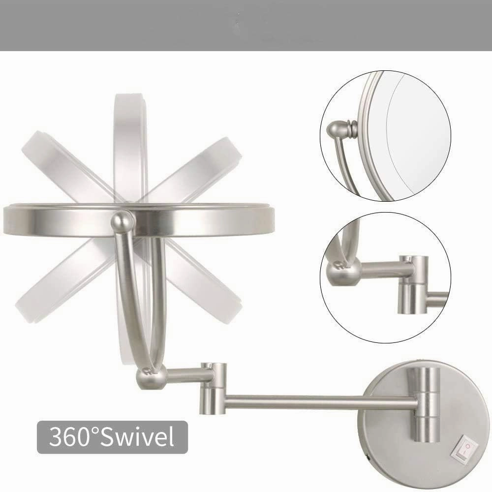 Makeup Mirror, Round Makeup Mirror, 360 Rotation, Ideal for Applying Make-Up, Weacontacts and Shaving, Plug Powered/Nickel/7*