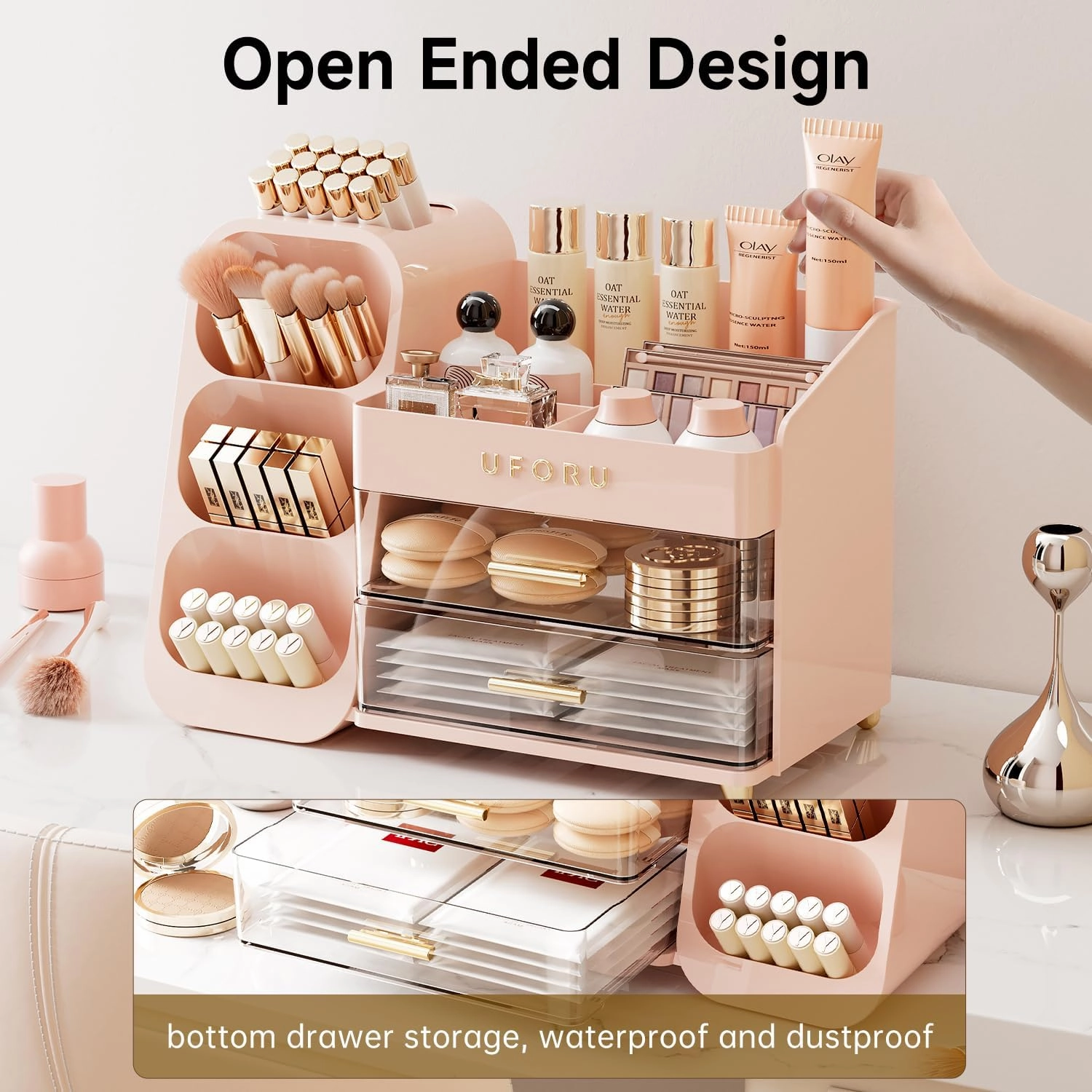 Makeup Organizer for Vanity, Countertop Organizer With Drawers, Spacious Cosmetic Display Case for Beauty Essential, Skincare, Lipstick, Pink