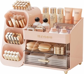 Makeup Organizer for Vanity, Countertop Organizer With Drawers, Spacious Cosmetic Display Case for Beauty Essential, Skincare, Lipstick, Pink