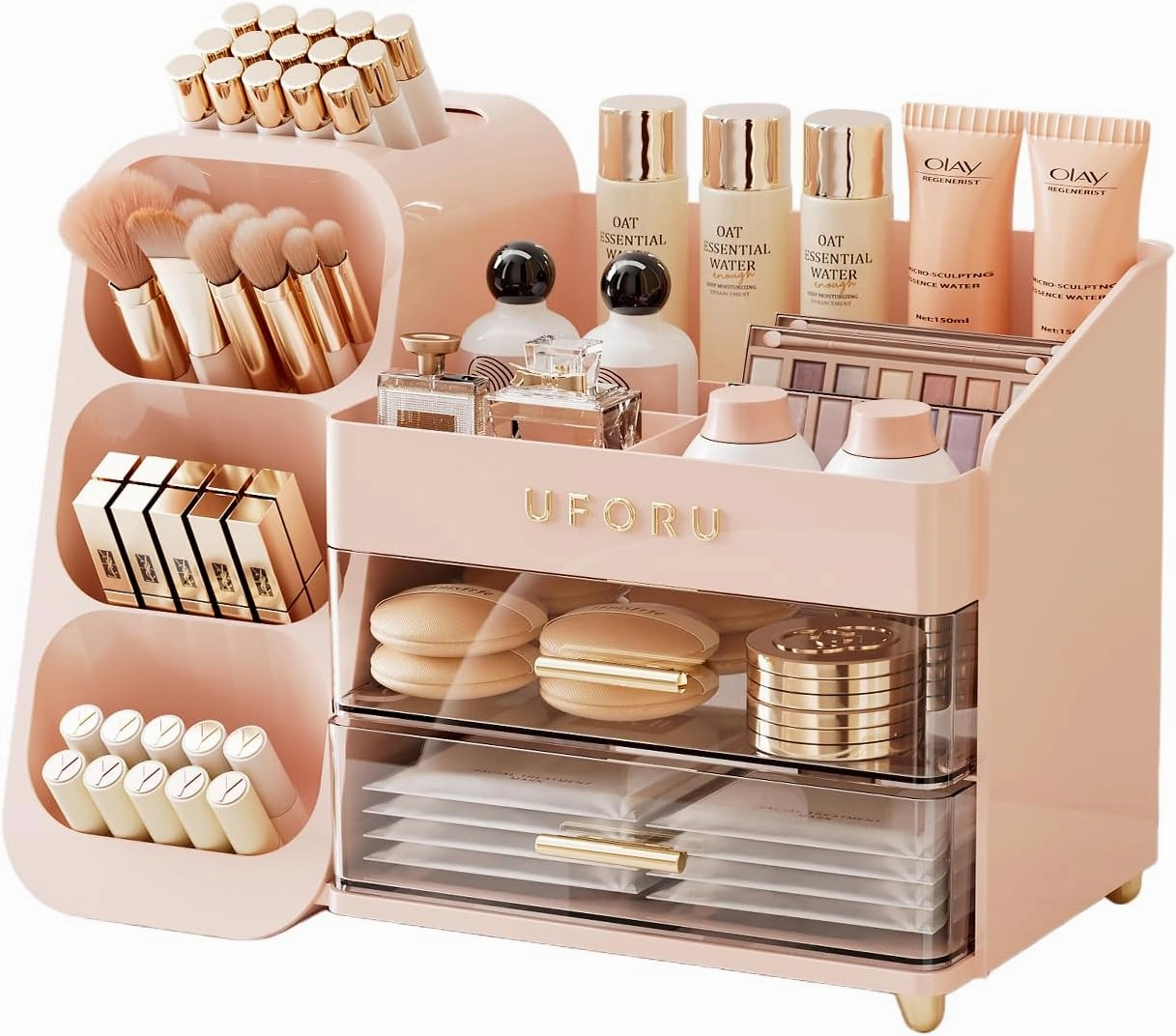 Makeup Organizer for Vanity, Countertop Organizer With Drawers, Spacious Cosmetic Display Case for Beauty Essential, Skincare, Lipstick, Pink