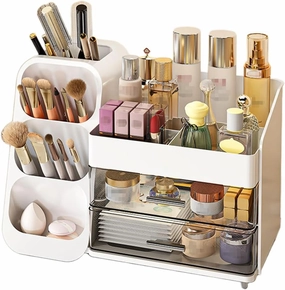 Makeup Organizer with Drawer, Skincare Products Perfume Desk Storage Box, Beauty Holder Rack for Lipstick Brush Eyeliner, Cosmetic Display Case for Dresser Countertop & Bathroom Vanity (White)