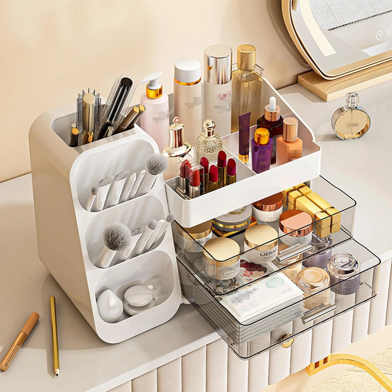 Makeup Organizer with Drawer, Skincare Products Perfume Desk Storage Box, Beauty Holder Rack for Lipstick Brush Eyeliner, Cosmetic Display Case for Dresser Countertop & Bathroom Vanity (White)