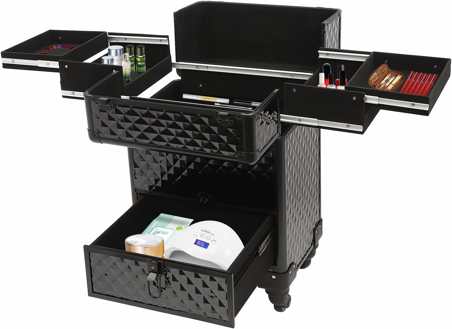 Makeup Rolling Case, Professional Rolling Nail Case Wheeled Manicure Storage Case Polish Organizer w/Universal Wheels, Portable Adjustable Studio Travel Cart for Nail Technicians Hairstylist (Black)