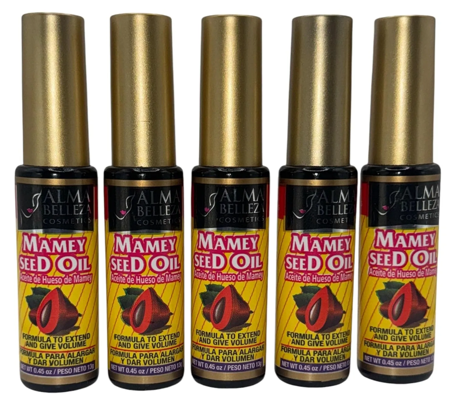 Mascara with Mamey Seed Oil (Aceite de Hueso de Mamey) 13g - Formula to Help Extend and Add Volume - Premium Quality by Alma Belleza Cosmetics (5 Pack)