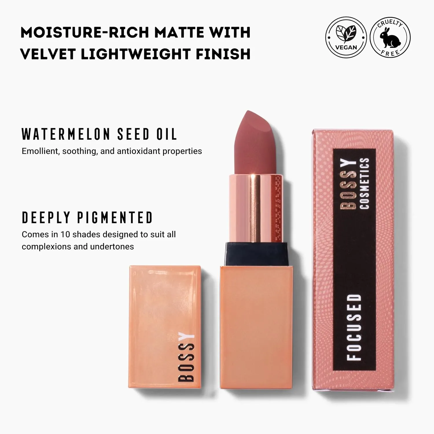 Matte, Long Lasting, Hydrating Vegan Lipstick with Vitamin E and Watermelon Seed Oil (Focused - Pink Mauve Color)