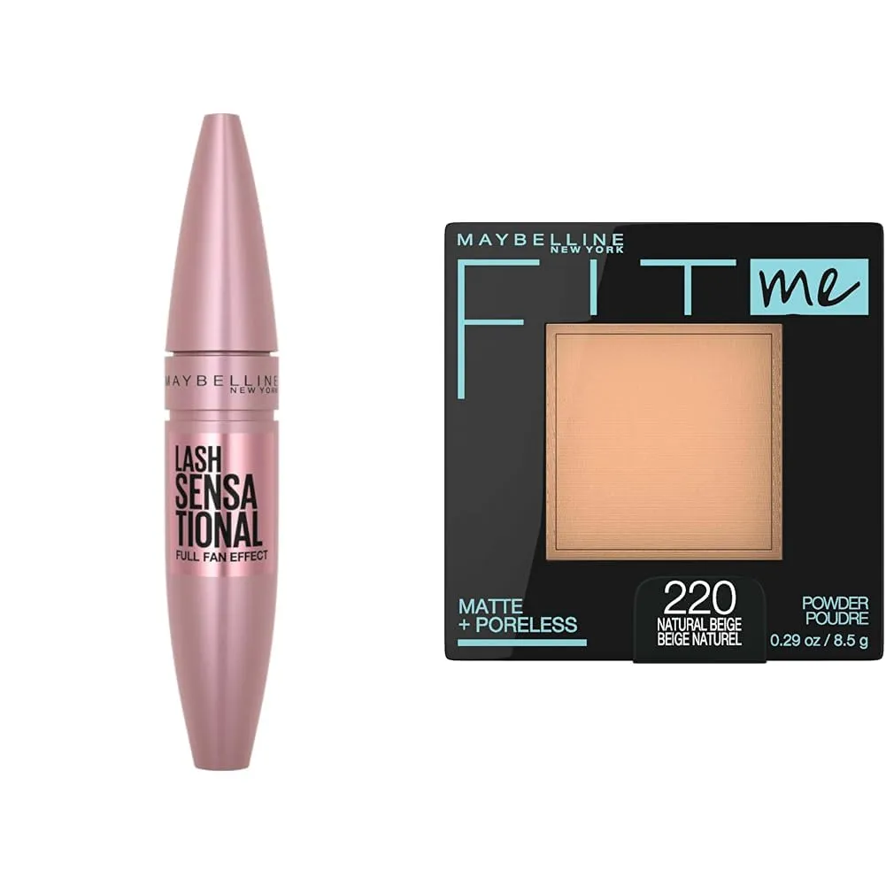 Maybelline Lash Sensational Mascara and Fit Me Pressed Powder Makeup Bundle, 1 Count Each