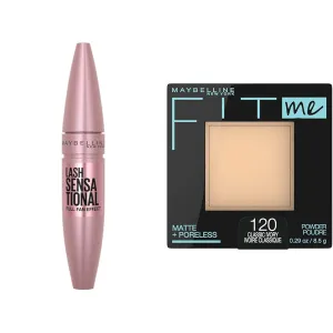 Maybelline Lash Sensational Mascara and Fit Me Pressed Powder Makeup Bundle, 1 Count Each