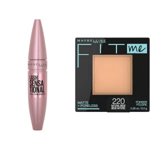 Maybelline Lash Sensational Mascara and Fit Me Pressed Powder Makeup Bundle, 1 Count Each