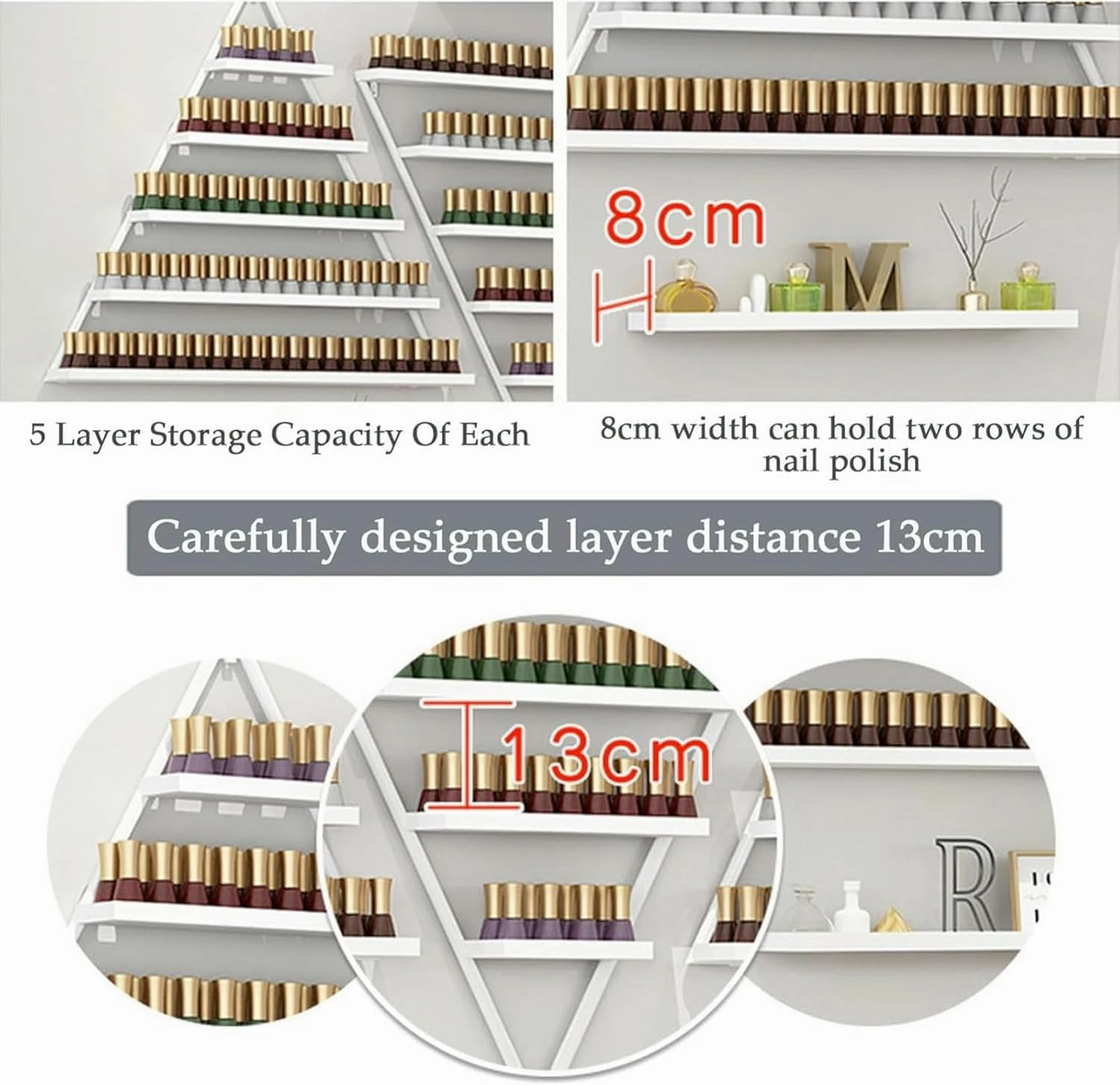 Metal Wall-Mounted Nail Polish Storage Racks 6PCS Nail Polish Display Rack Triangular Cosmetic Display Shelf Lipstick Perfume Essential Oil Organizers for Spa Nail Salon Shop(Gold)