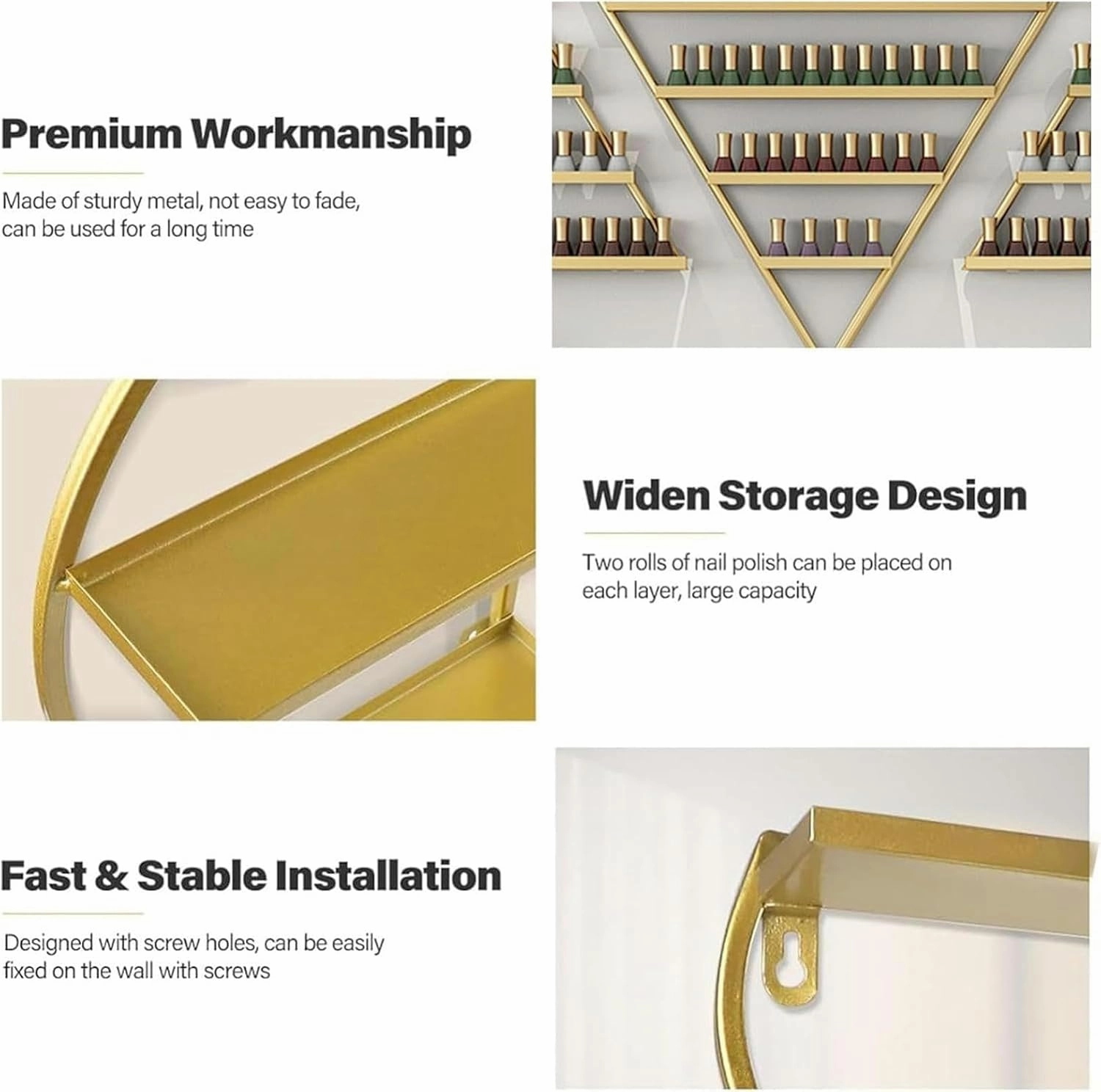 Metal Wall-Mounted Nail Polish Storage Racks 6PCS Nail Polish Display Rack Triangular Cosmetic Display Shelf Lipstick Perfume Essential Oil Organizers for Spa Nail Salon Shop(Gold)