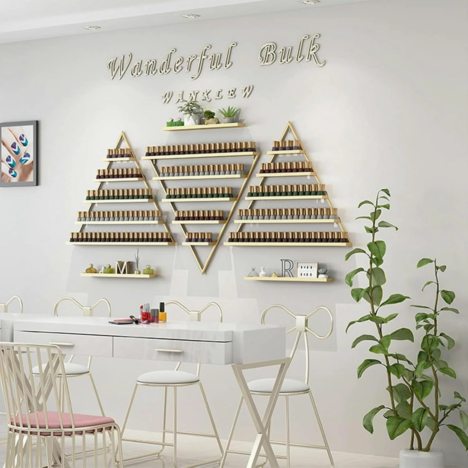 Metal Wall-Mounted Nail Polish Storage Racks 6PCS Nail Polish Display Rack Triangular Cosmetic Display Shelf Lipstick Perfume Essential Oil Organizers for Spa Nail Salon Shop(Gold)