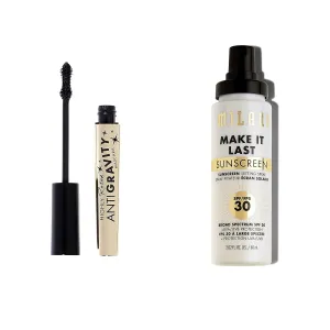 Milani Highly Rated Anti-Gravity Black Mascara with Castor Oil and Molded Hourglass Shaped Brush & Milani Make It Last Sunscreen Setting Spray with SPF30
