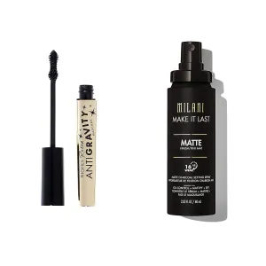 Milani Make it Last Charcoal Matte Setting Spray & Milani Highly Rated Anti-Gravity Black Mascara with Castor Oil and Molded Hourglass Shaped Brush