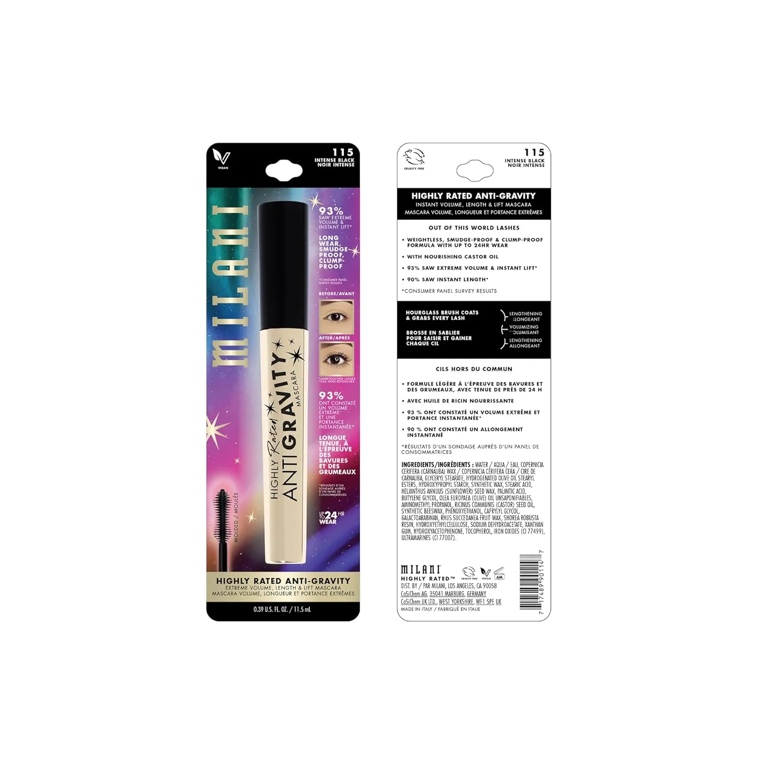 Milani Mascara Volume and Length, Highly Rated Anti-Gravity Black Shade with Castor Oil and Molded Hourglass Shaped Lash Coating Mascara Wand - 2 Pack