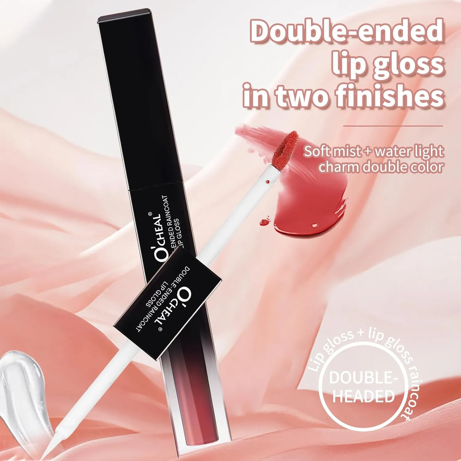 O'CHEAL Double-Ended Lip Gloss, Soft Mist   Water Light Charm - Moisturizing Without Non-Sticky - Bright Lip Color, Cruelty-Free & Vegan (Nude Pink, 0.155OZ)