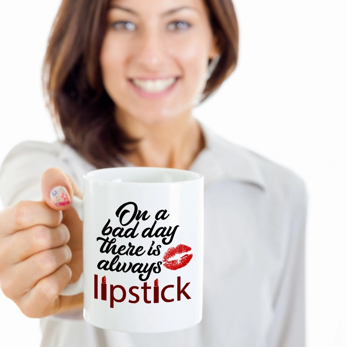 On A Bad Day There Is Always Lipstick Kiss Mark Coffee & Tea Mug for Cosmetologist and Womens Who Love Liquid, Matte, Red & Pink Lipsticks (11oz)