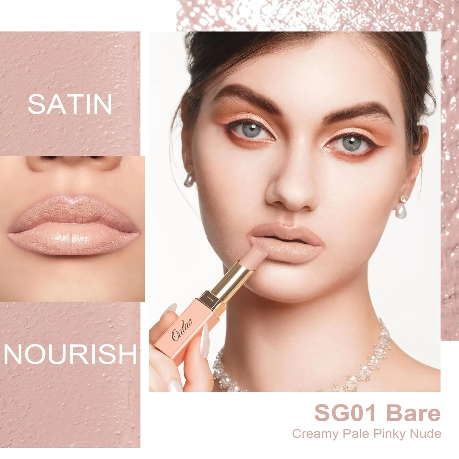 Oulac Beige Nude Satin Lipstick Set - Matte Lip Base, Full Coverage Lip Color, Satin Matte Finish, Cream Texture, Hydrating, Infused with Hyaluronic Acid, 4g*2 SG01 SG02