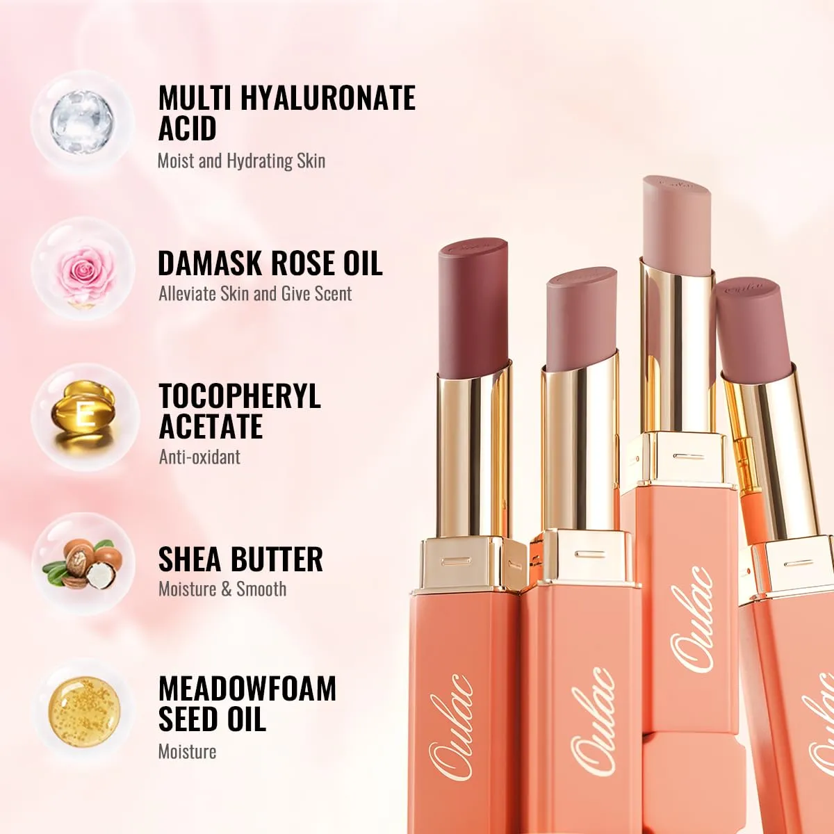Oulac Beige Nude Satin Lipstick Set - Matte Lip Base, Full Coverage Lip Color, Satin Matte Finish, Cream Texture, Hydrating, Infused with Hyaluronic Acid, 4g*2 SG01 SG02