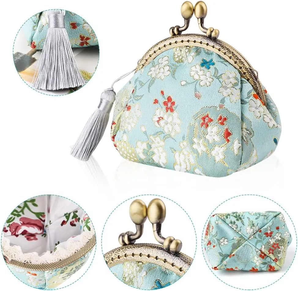 Oyachic Embroider Coin Purse Vintage Wallets Canvas Change Pouch Floral Trinkets Small Kiss Lock Clasp Handbag Jewelry Bag Tassels Women