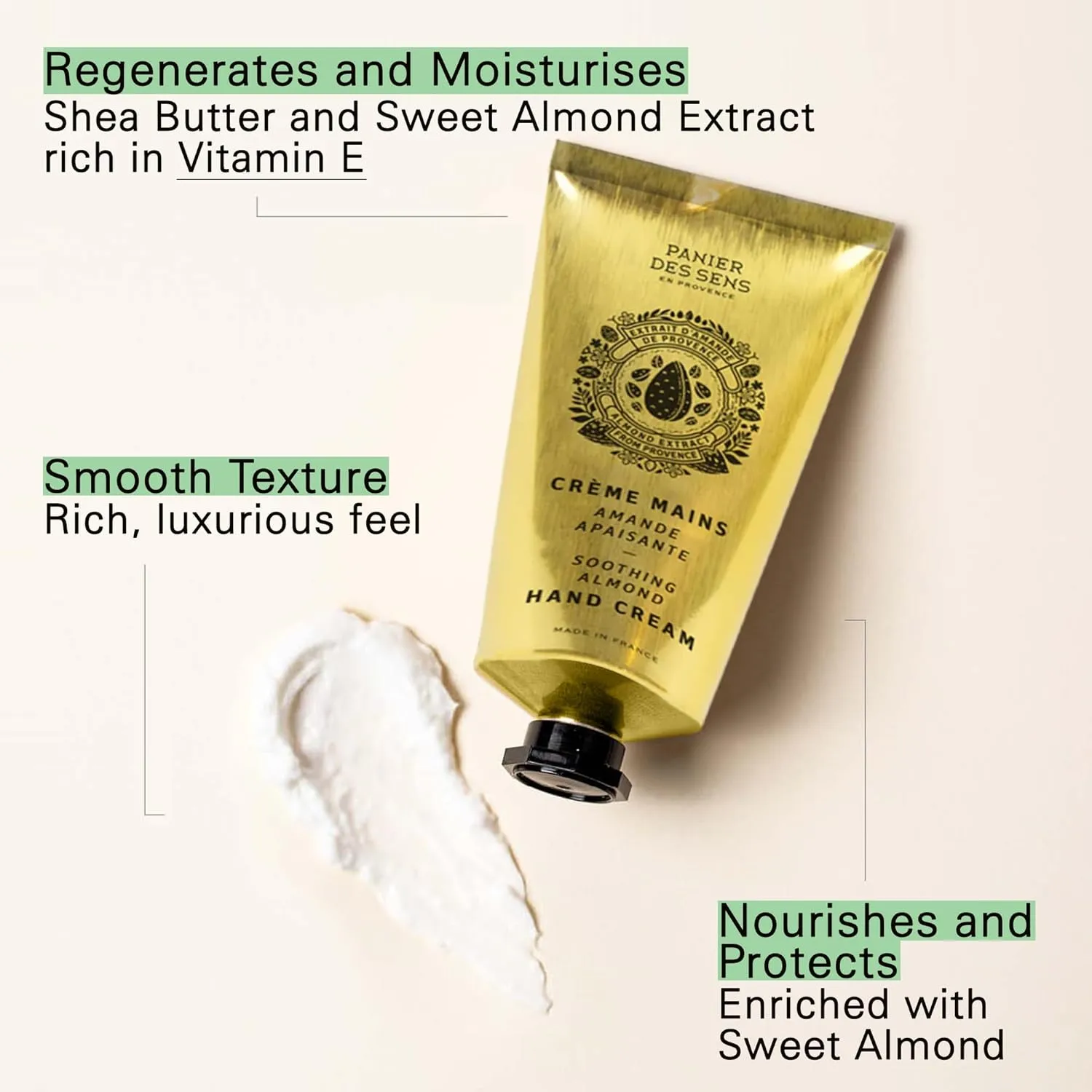 Panier des Sens - Hand Cream for Dry Cracked Hands - Almond Hand Lotion with Sweet Almond Oil & Shea Butter - Vitamin E Skin Moisturizer with 97% Natural Ingredients - Made in France, 2.5 fl oz