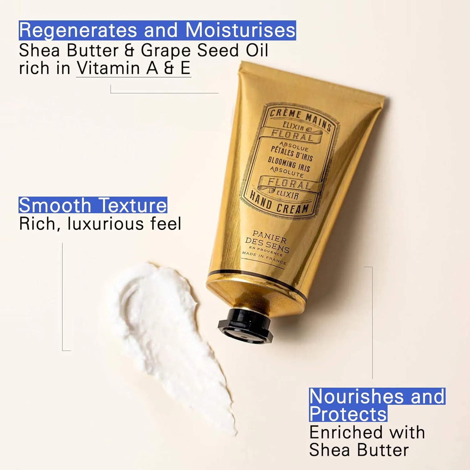 Panier des Sens - Hand Cream for Dry Cracked Hands - Blooming Iris Hand Lotion with Shea Butter & Olive Oil - Vitamin E Skin Moisturizer with 97% Natural Ingredients - Made in France, 2.5 fl oz