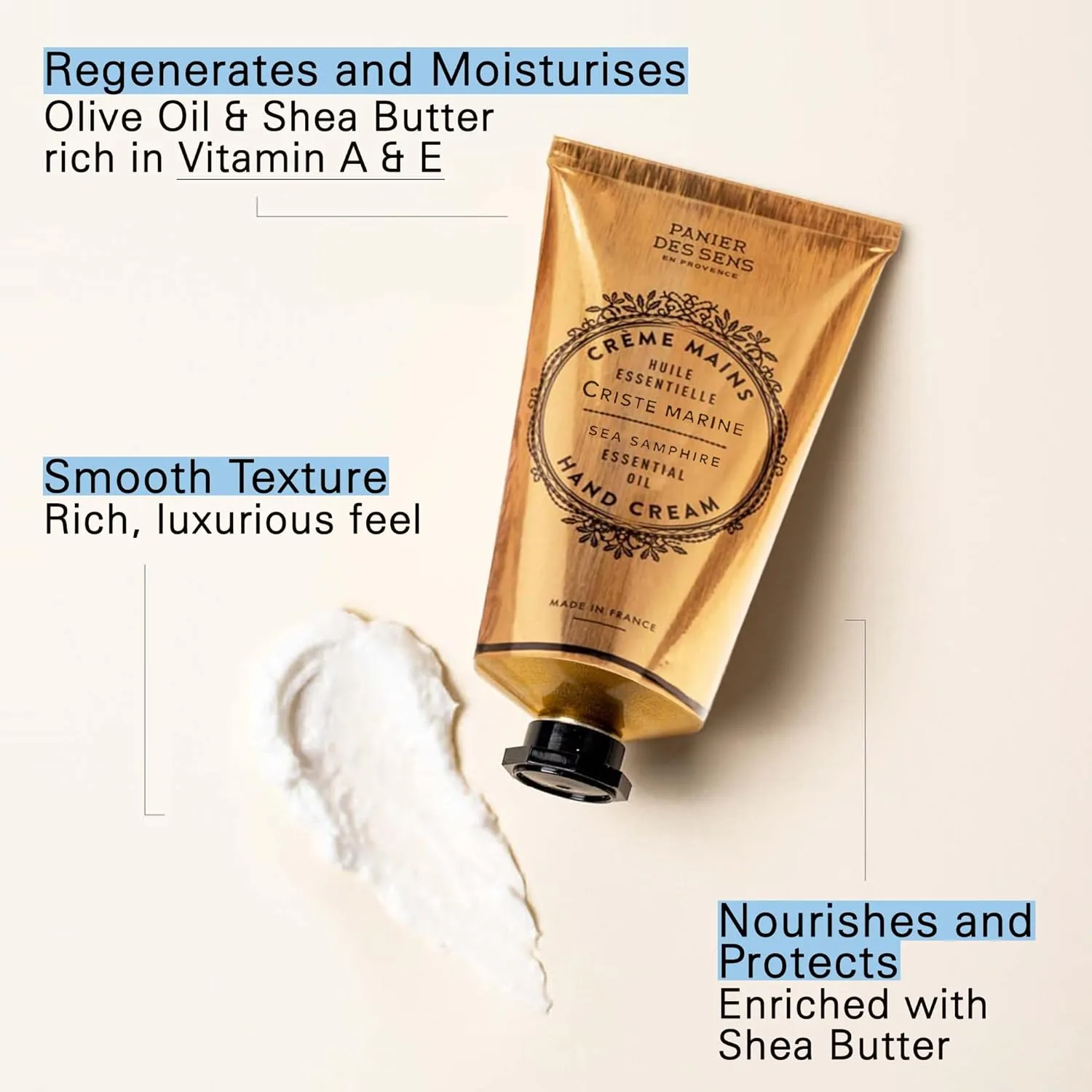Panier des Sens - Hand Cream for Dry Cracked Hands - Sea Samphire Hand Lotion with Shea Butter & Olive Oil - Vitamin E Skin Moisturizer with 97% Natural Ingredients - Made in France, 2.5 fl oz
