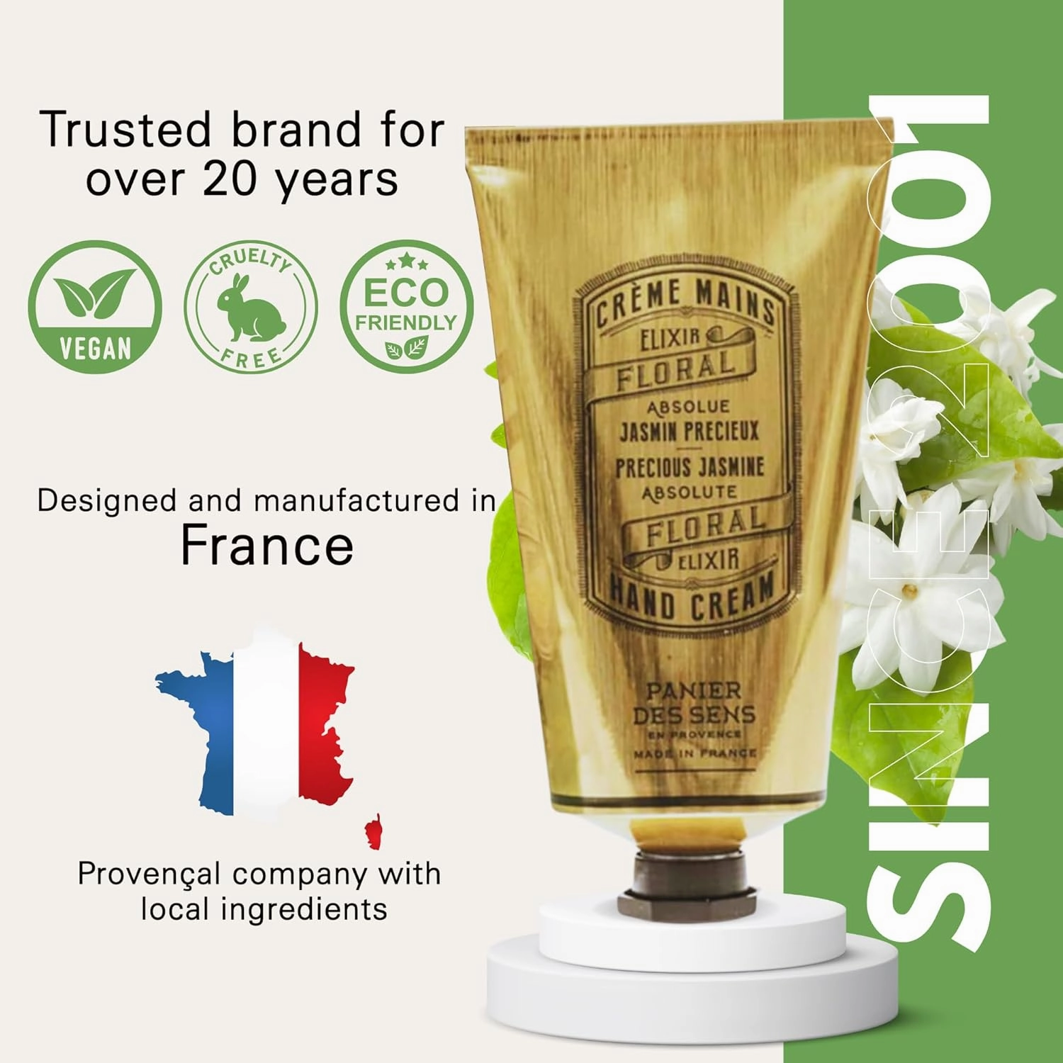Panier des Sens - Hand Cream for Dry Cracked Hands - Jasmine Hand Lotion with Olive & Almond Oil - Vitamin E Skin Moisturizer with 97% Natural Ingredients - Made in France, 2.5 fl oz