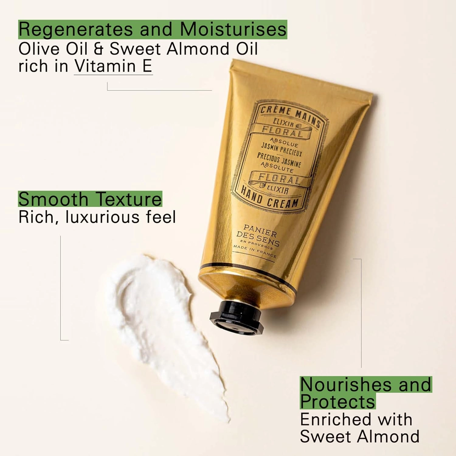 Panier des Sens - Hand Cream for Dry Cracked Hands - Jasmine Hand Lotion with Olive & Almond Oil - Vitamin E Skin Moisturizer with 97% Natural Ingredients - Made in France, 2.5 fl oz
