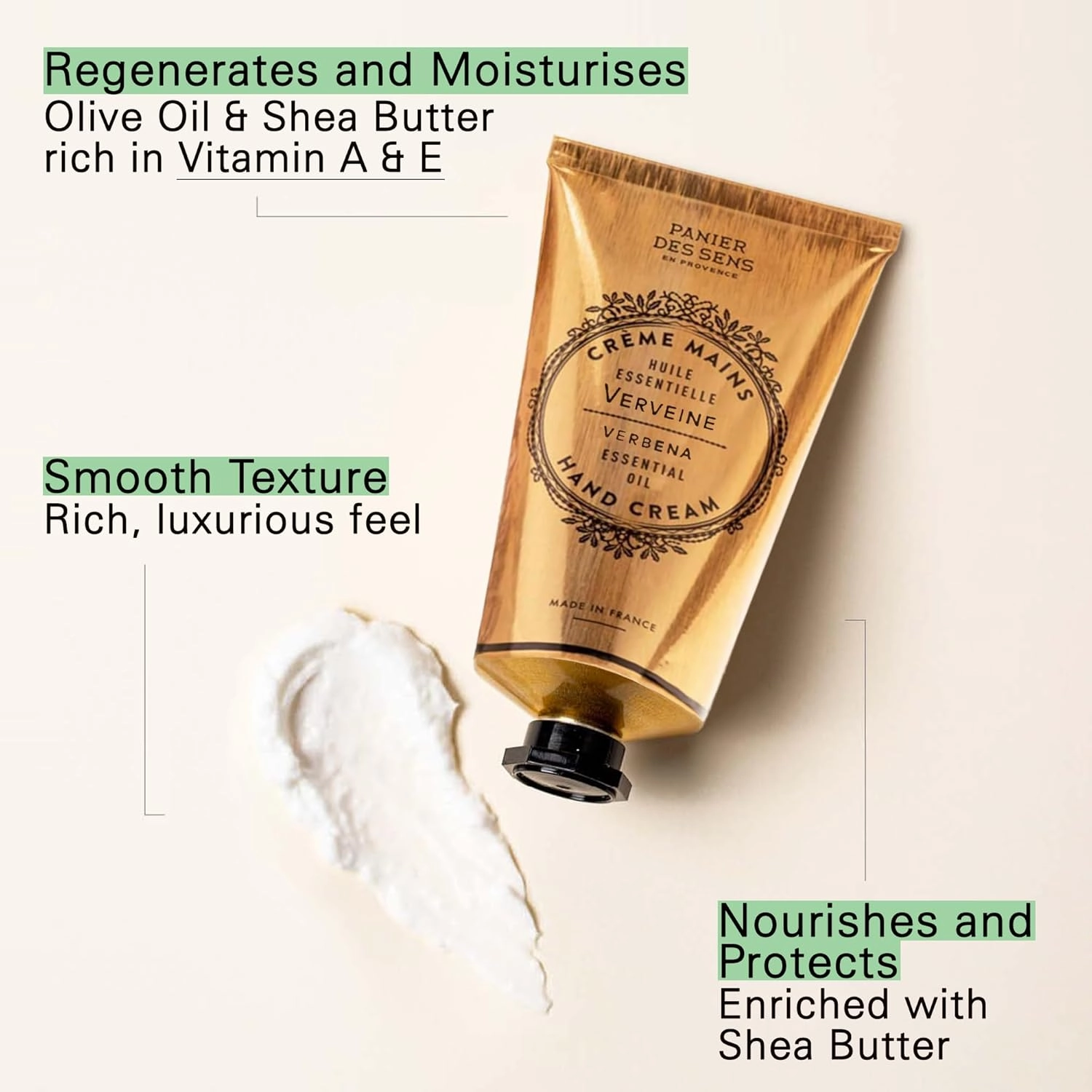Panier des Sens - Hand Cream for Dry Cracked Hands - Verbena Hand Lotion with Shea Butter & Olive Oil - Vitamin E Skin Moisturizer with 97% Natural Ingredients - Made in France, 2.5 fl oz