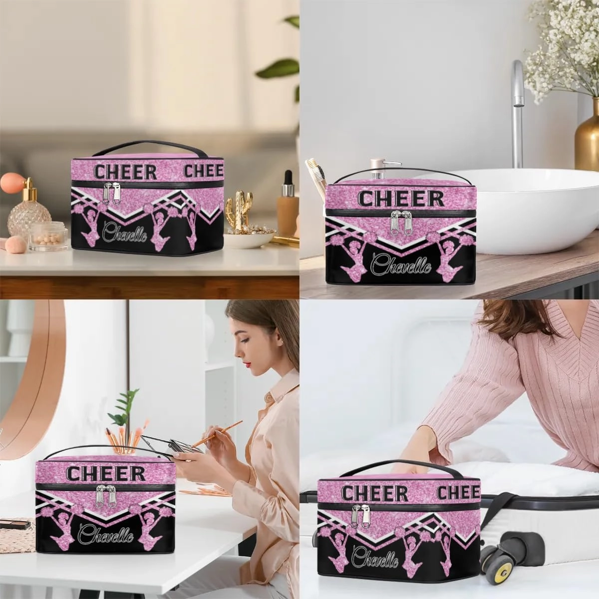 Personalized Cheer Travel Makeup Bag for Girls Women, Custom Cheerleader Cosmetic Make Up Zipper Pouch Bags, Personalized Gifts, Pink Glitter Bag