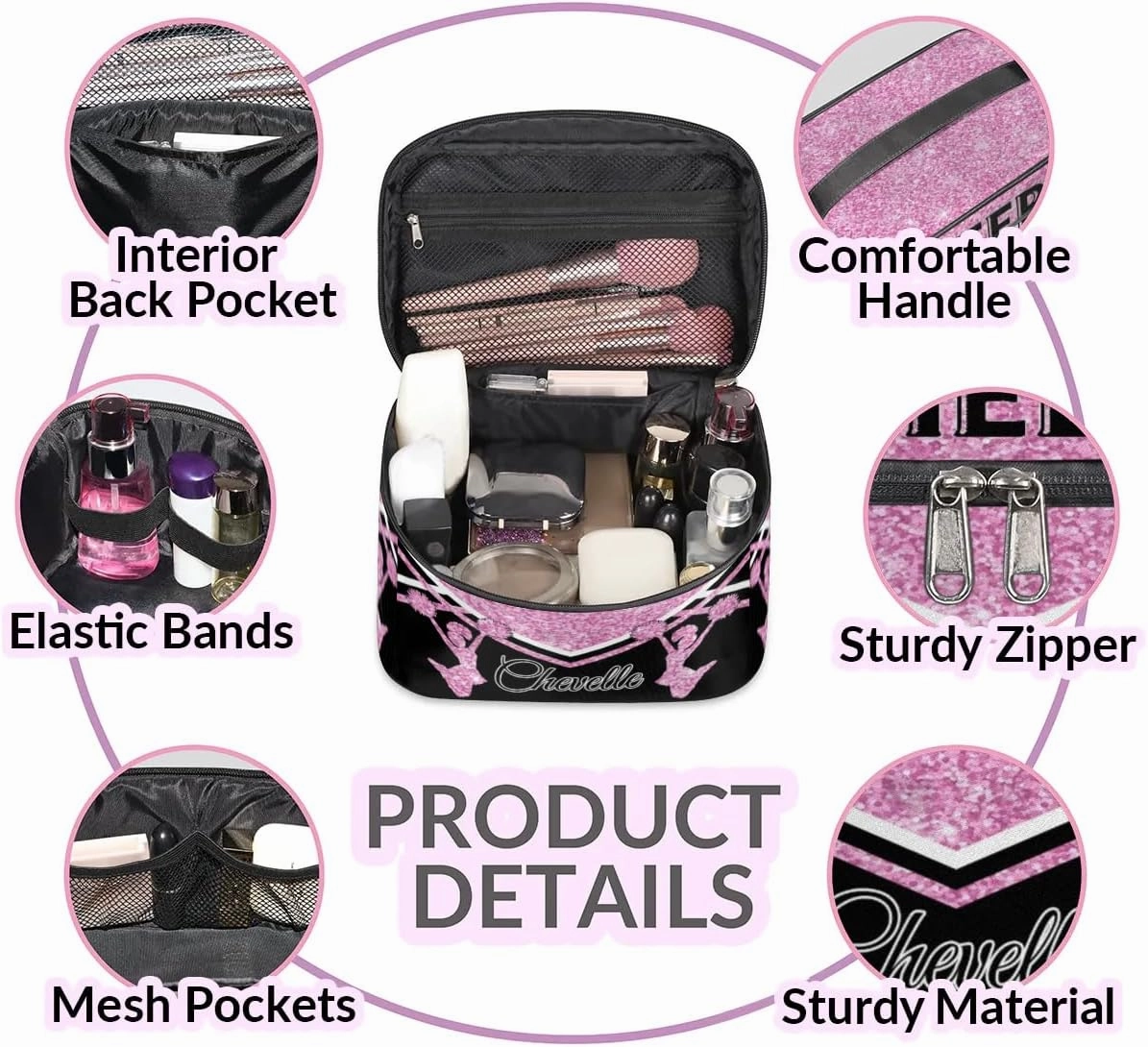 Personalized Cheer Travel Makeup Bag for Girls Women, Custom Cheerleader Cosmetic Make Up Zipper Pouch Bags, Personalized Gifts, Pink Glitter Bag