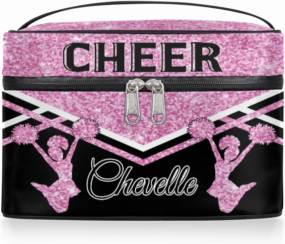 Personalized Cheer Travel Makeup Bag for Girls Women, Custom Cheerleader Cosmetic Make Up Zipper Pouch Bags, Personalized Gifts, Pink Glitter Bag