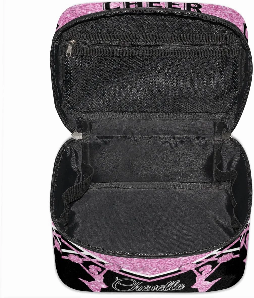 Personalized Cheer Travel Makeup Bag for Girls Women, Custom Cheerleader Cosmetic Make Up Zipper Pouch Bags, Personalized Gifts, Pink Glitter Bag