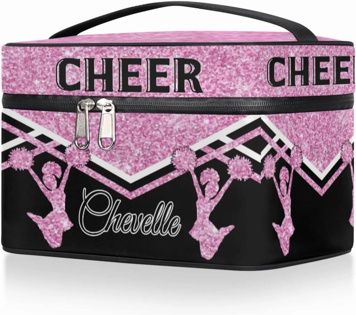 Personalized Cheer Travel Makeup Bag for Girls Women, Custom Cheerleader Cosmetic Make Up Zipper Pouch Bags, Personalized Gifts, Pink Glitter Bag