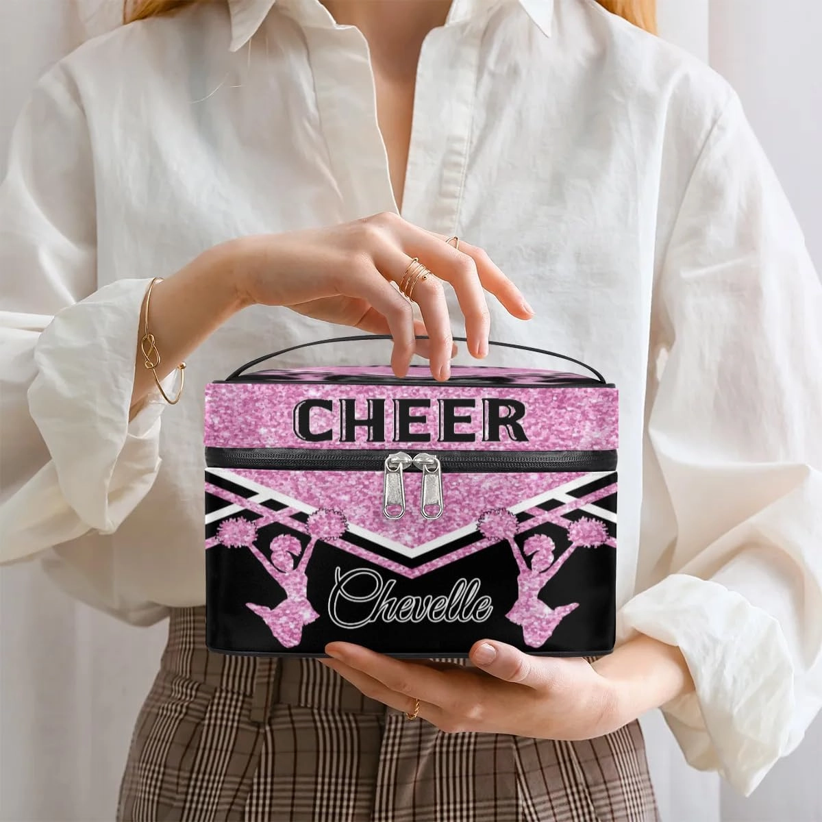 Personalized Cheer Travel Makeup Bag for Girls Women, Custom Cheerleader Cosmetic Make Up Zipper Pouch Bags, Personalized Gifts, Pink Glitter Bag