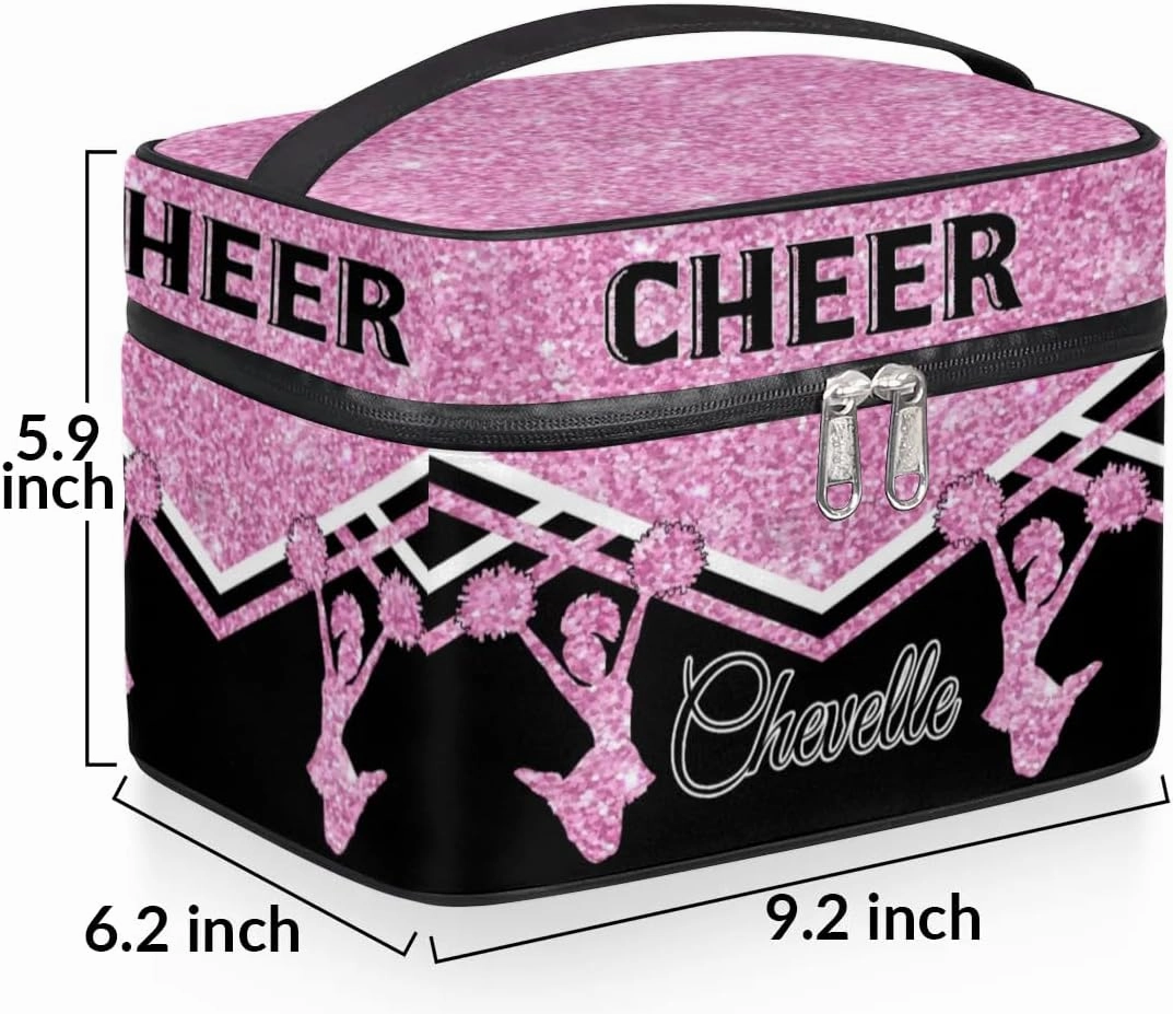 Personalized Cheer Travel Makeup Bag for Girls Women, Custom Cheerleader Cosmetic Make Up Zipper Pouch Bags, Personalized Gifts, Pink Glitter Bag