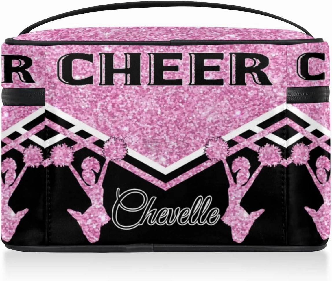 Personalized Cheer Travel Makeup Bag for Girls Women, Custom Cheerleader Cosmetic Make Up Zipper Pouch Bags, Personalized Gifts, Pink Glitter Bag