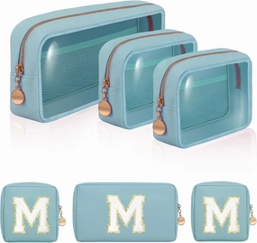 Personalized Initial Clear Bags Set, Clear Cosmetic Bags,Make Up Pouches, Clear Pouch for Organization, Clear Toiletry Travel Bag,Gifts for Women(M, Blue (2 Mini 1 Large))