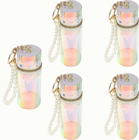 PHAETON 5PCS Mixed Color Laser Cylinder Lipstick Bag with Pearl, Fashionable Water Bucket Style, Portable Multi-Functional Pouch with Keychain for Headphones, Coin Purse, Scarf