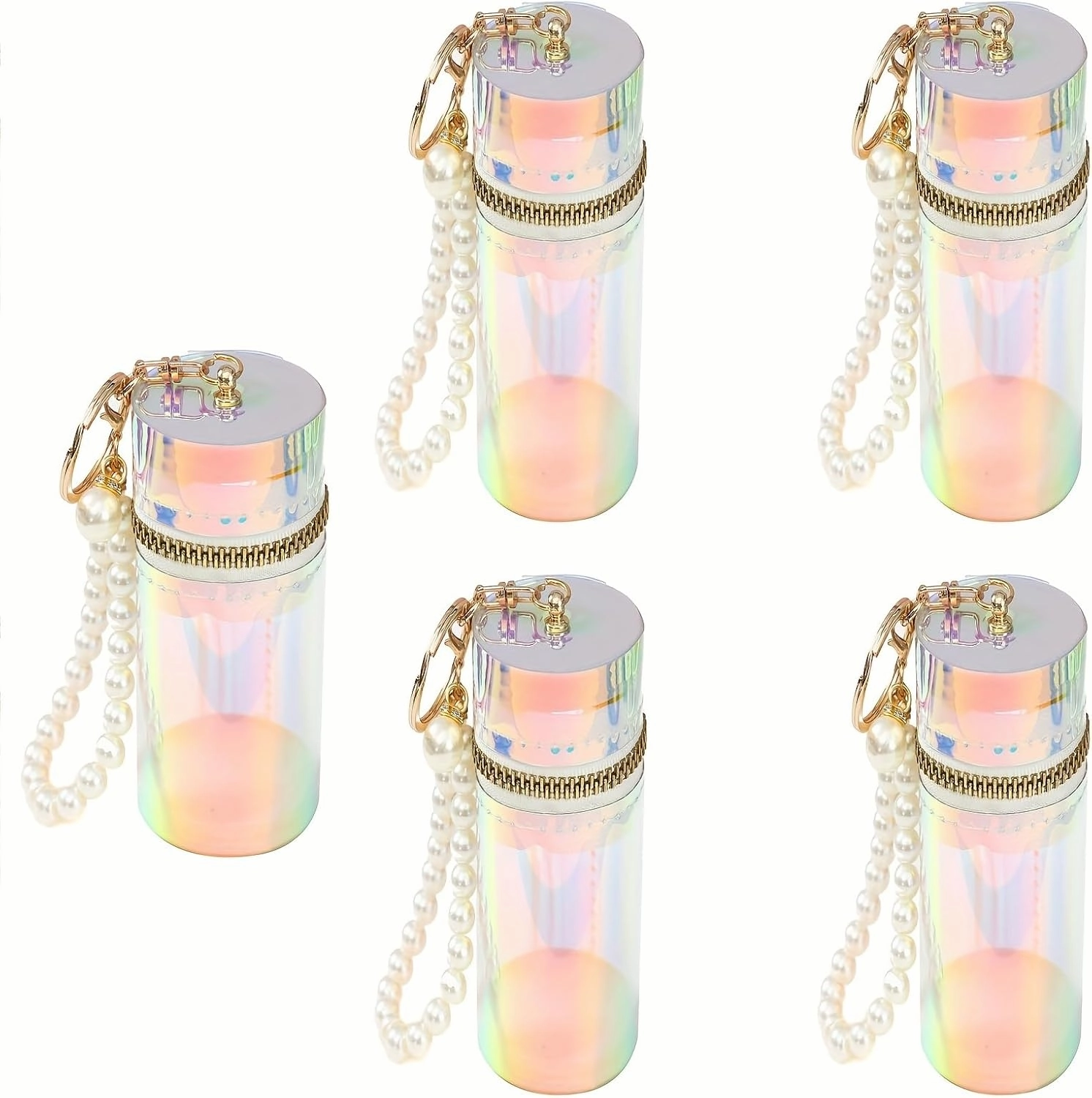 PHAETON 5PCS Mixed Color Laser Cylinder Lipstick Bag with Pearl, Fashionable Water Bucket Style, Portable Multi-Functional Pouch with Keychain for Headphones, Coin Purse, Scarf